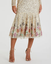 Gold Multicolor Faux Wrap Long Sleeve Tea Length Dress